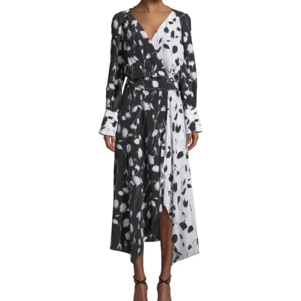 Equipment Neema Silk Feel Wrap Midi Dress Black White Floral Size 8